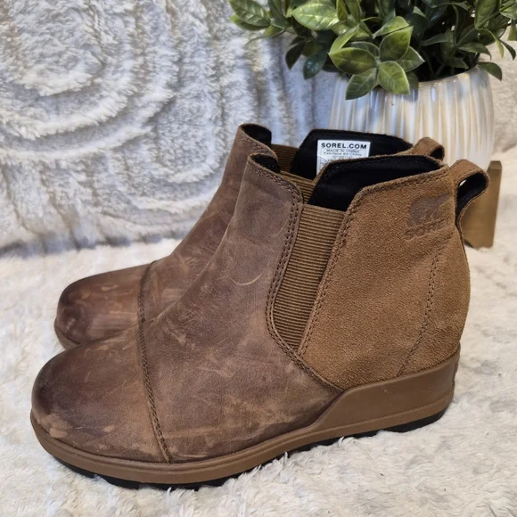 Sorel Evie Wedge Bootie Pull On Ankle Boot Tan Leather Waterproof Size 6.5 - Picture 3 of 9